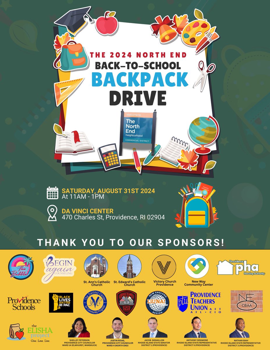 justinroias's tweet photo. Neighbors, I’m excited to announce that the North End’s annual backpack drive is set for Saturday, August 31st, and this year, we’re going all out! We’ve organized two events: the first at Da Vinci Center (470 Charles St) from 11 AM to 1 PM, and the second at Chad Brown’s senior lounge (285 Chad Brown St) from 3 PM to 5 PM.

A huge thank you to our incredible sponsors who, despite the tight deadline, stepped up in a big way: city and state elected officials, local nonprofits, faith-based organizations, small businesses, and labor unions. Thanks to them we’ll be giving out free backpacks and school supplies to help students and families across the North End start the upcoming school year strong. I’m deeply grateful for the broad coalition backing this event.

We’re still seeking more sponsors! If you’re interested in donating backpacks or school supplies, please comment on this tweet or send me a direct message. Also, help us spread the word by sharing this tweet to reach as many Providence students and families as possible.