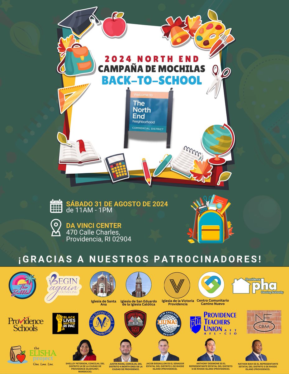 justinroias's tweet photo. Neighbors, I’m excited to announce that the North End’s annual backpack drive is set for Saturday, August 31st, and this year, we’re going all out! We’ve organized two events: the first at Da Vinci Center (470 Charles St) from 11 AM to 1 PM, and the second at Chad Brown’s senior lounge (285 Chad Brown St) from 3 PM to 5 PM.

A huge thank you to our incredible sponsors who, despite the tight deadline, stepped up in a big way: city and state elected officials, local nonprofits, faith-based organizations, small businesses, and labor unions. Thanks to them we’ll be giving out free backpacks and school supplies to help students and families across the North End start the upcoming school year strong. I’m deeply grateful for the broad coalition backing this event.

We’re still seeking more sponsors! If you’re interested in donating backpacks or school supplies, please comment on this tweet or send me a direct message. Also, help us spread the word by sharing this tweet to reach as many Providence students and families as possible.