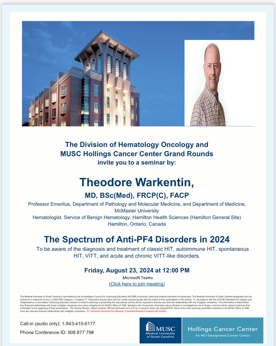 YoukhanaMD's tweet photo. We are excited to host Dr Theodore Warkentin tomorrow at @muschollings Grand Rounds #HIT @CraigLockhart8. https://t.co/K1vEHbLaED