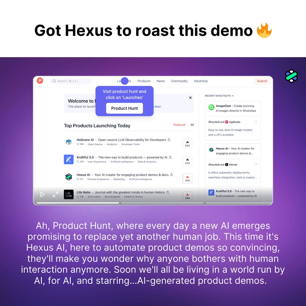 usehexus's tweet photo. Get Hexus to roast your product demo! https://t.co/bKGl5E9XS2
