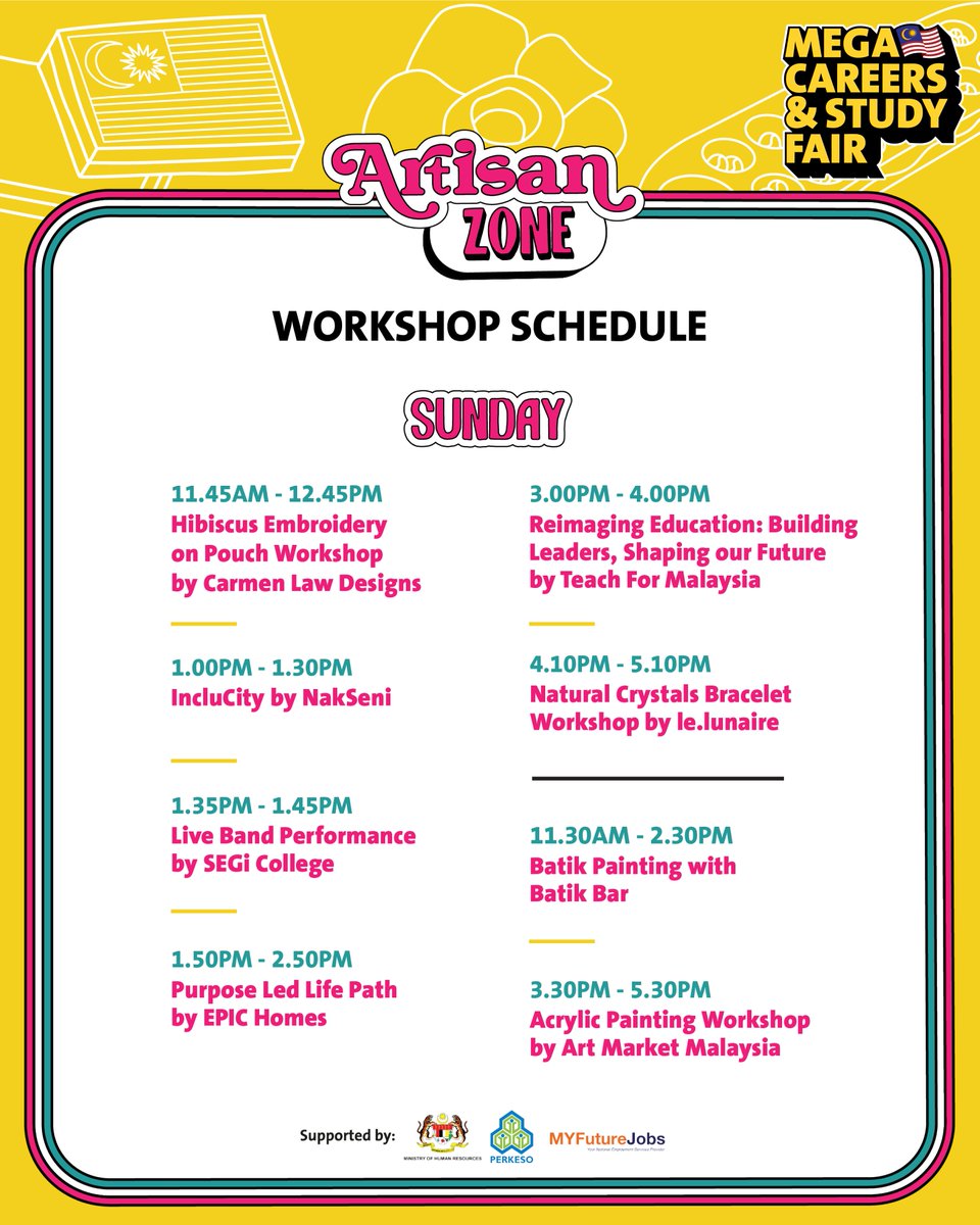 MYFJOfficial's tweet image. Unleash Your Creativity &amp;amp; #SapotLokal at Artisan Zone – Where Craftsmanship Meets Career Ambitions!
.
Mark your calendars for 24th-25th August 2024, from 11 AM to 6 PM at Hall 4 &amp;amp; 5, KLCC. Register now at gradmalaysia.com/event/mega-car…
.
#CareerFair2024 #MCASF #vacancies2024 #studyfair