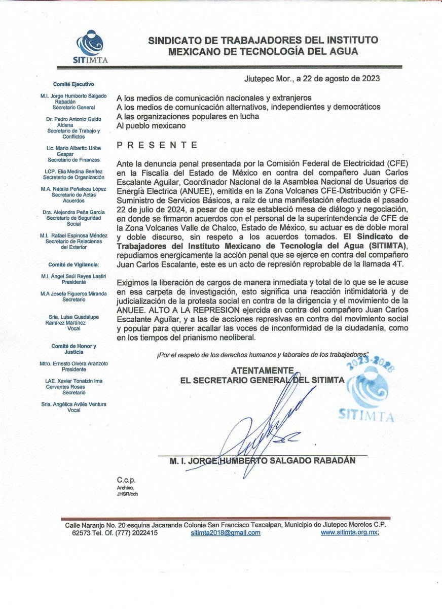 Pronunciamiento del <a href="/SITIMTA/">SITIMTA México</a> en solidaridad con la #ANUEE por la denuncia penal de CFE hacia nuestro compañero Juan Carlos Escalante, a pesar de que se había establecido mesa de negociación.

¡Por el respeto de los derechos humanos y laborales de los trabajdores!