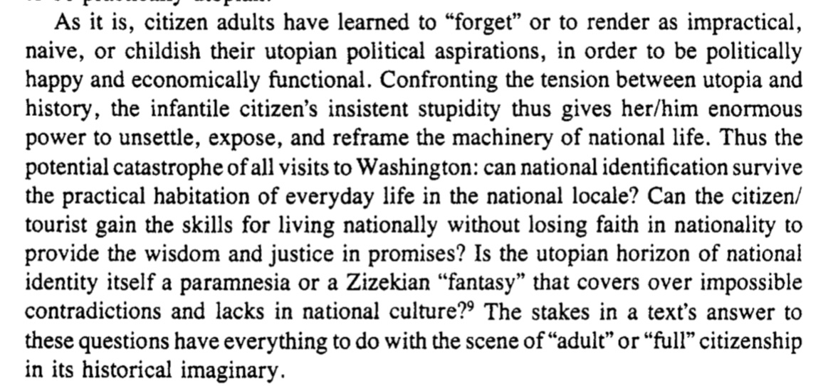 BerlantBro's tweet photo. Lauren Berlant on infantile citizenship and “adult citizens” who have “learned how to forget” (1997). https://t.co/fG82Mc62iJ