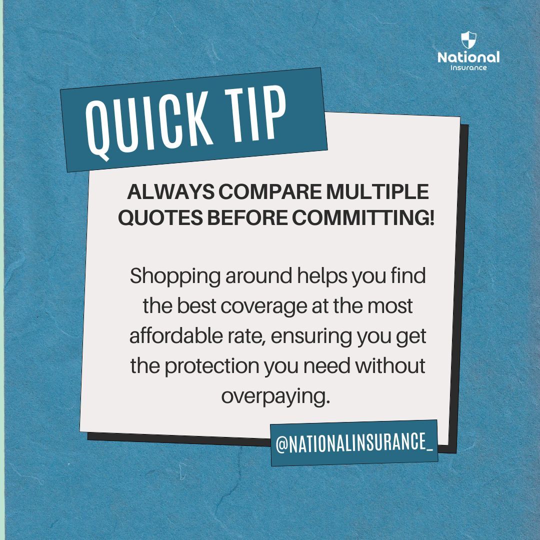 NtnlInsurance's tweet photo. Quick tip: 
Always compare multiple quotes before committing! 💡 

Shopping around ensures you get the best coverage and the most affordable rate. Protect your wallet and your peace of mind. 🛡️ 

#InsuranceTips #SmartShopping #StayProtected #FinancialWisdom #nationalinsurance https://t.co/k9pX4UaRlw