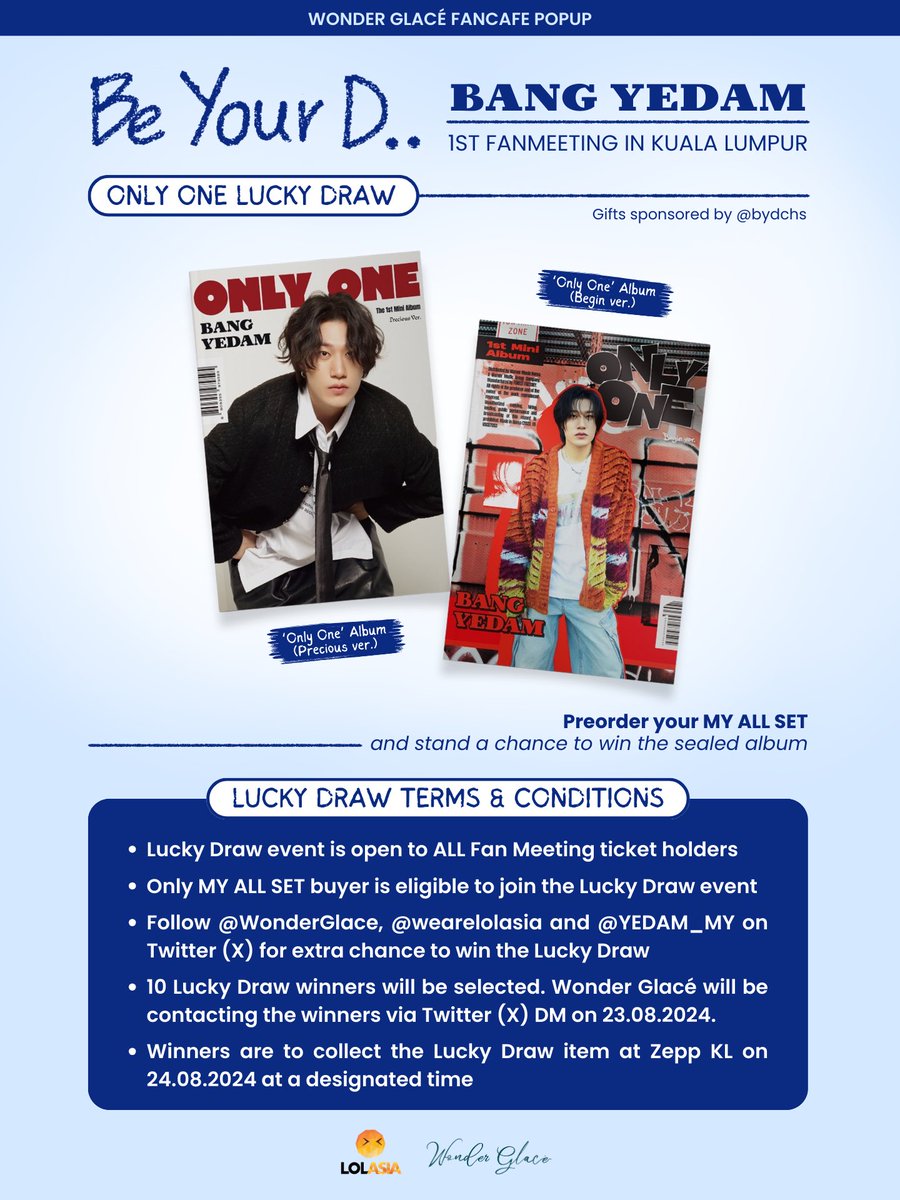 WonderGlace's tweet photo. Good Day MY BY:Ds‼️

Today’s your last chance to preorder 𝑀𝑌 𝐴𝐿𝐿 𝑆𝐸𝑇 and get the exclusive freebies + Lucky Draw chance to win ONLY ONE album ✨

Grab yours before 3pm today ~
Lucky Draw winners will be announced at 9pm ⏰

#BANGYEDAM1stFMinKL
#BANGYEDAMinMY
#BEYOURDinMY https://t.co/IseoDctTmn