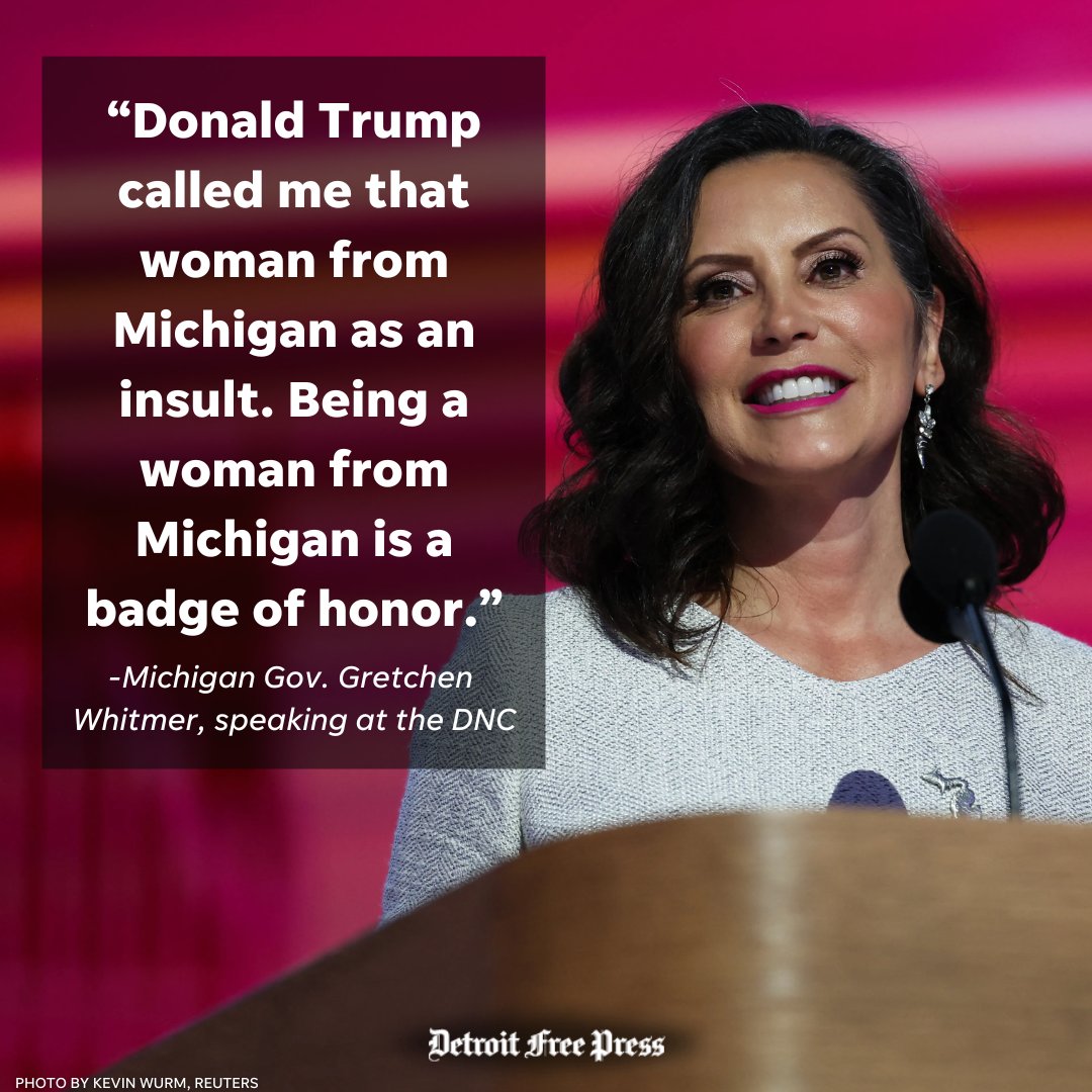 freep's tweet image. .@GovWhitmer made a strong statement in her short speech at the 2024 Democratic National Convention tonight.

Watch it in full here: bit.ly/4fS3Lmd