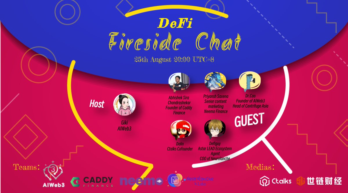 AIWeb3 爱Web3中文社区 (Hiring) (@aiweb3dao) on Twitter photo 📢 8.25 AIWeb3 & Ctalks : Defi Fireside Chat
<a href="/talk99/">Ctalks</a>
<a href="/neurolanche/">Nerox AI</a>
<a href="/neemofinance/">Neemo Finance 💿</a>
<a href="/caddyfi/">Caddy Finance</a>
<a href="/CentrifugeAsia/">Centrifuge Asia</a>
⏰Time:25th August 20:00 UTC+8
Space:x.com/i/spaces/1MnGn…
👩🦰Host:
<a href="/GikiRun/">Giki.R | AIWeb3</a>
👨🦰Speakers:
<a href="/defiguy22/">defiguy</a>
<a href="/abhiarys/">Abhishek | Caddy Finance</a>
<a href="/cao_lab/">DrCAO (iprotein.nft) | AIWeb3</a>
<a href="/dalin998/">大林</a>
<a href="/0xDing_28/">Ding</a>
🎁Please set 📢 8.25 AIWeb3 & Ctalks : Defi Fireside Chat
<a href="/talk99/">Ctalks</a>
<a href="/neurolanche/">Nerox AI</a>
<a href="/neemofinance/">Neemo Finance 💿</a>
<a href="/caddyfi/">Caddy Finance</a>
<a href="/CentrifugeAsia/">Centrifuge Asia</a>
⏰Time:25th August 20:00 UTC+8
Space:x.com/i/spaces/1MnGn…
👩🦰Host:
<a href="/GikiRun/">Giki.R | AIWeb3</a>
👨🦰Speakers:
<a href="/defiguy22/">defiguy</a>
<a href="/abhiarys/">Abhishek | Caddy Finance</a>
<a href="/cao_lab/">DrCAO (iprotein.nft) | AIWeb3</a>
<a href="/dalin998/">大林</a>
<a href="/0xDing_28/">Ding</a>
🎁Please set