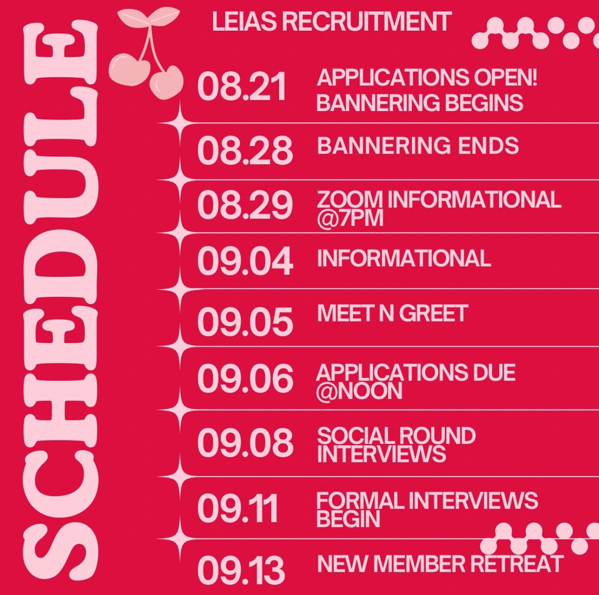 APPLICATIONS ARE OPEN NOW🍒💌
here's another look at our schedule!
#APPLYLEIAS