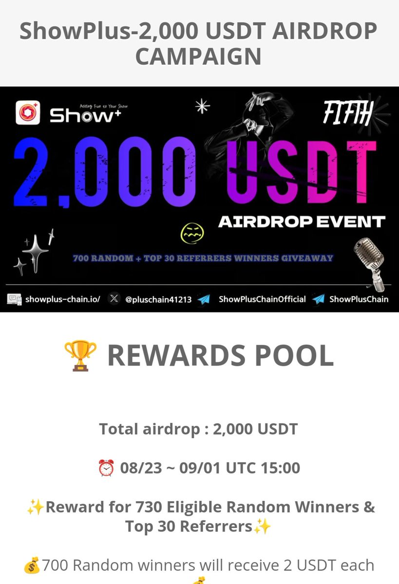 CandraP41542477's tweet photo. #ShowPlusChain is running a massive $ 2,000 USDT #airdrop campaign in tokens!
https://t.co/D0dBttf6Is https://t.co/Iv5fetyNjF