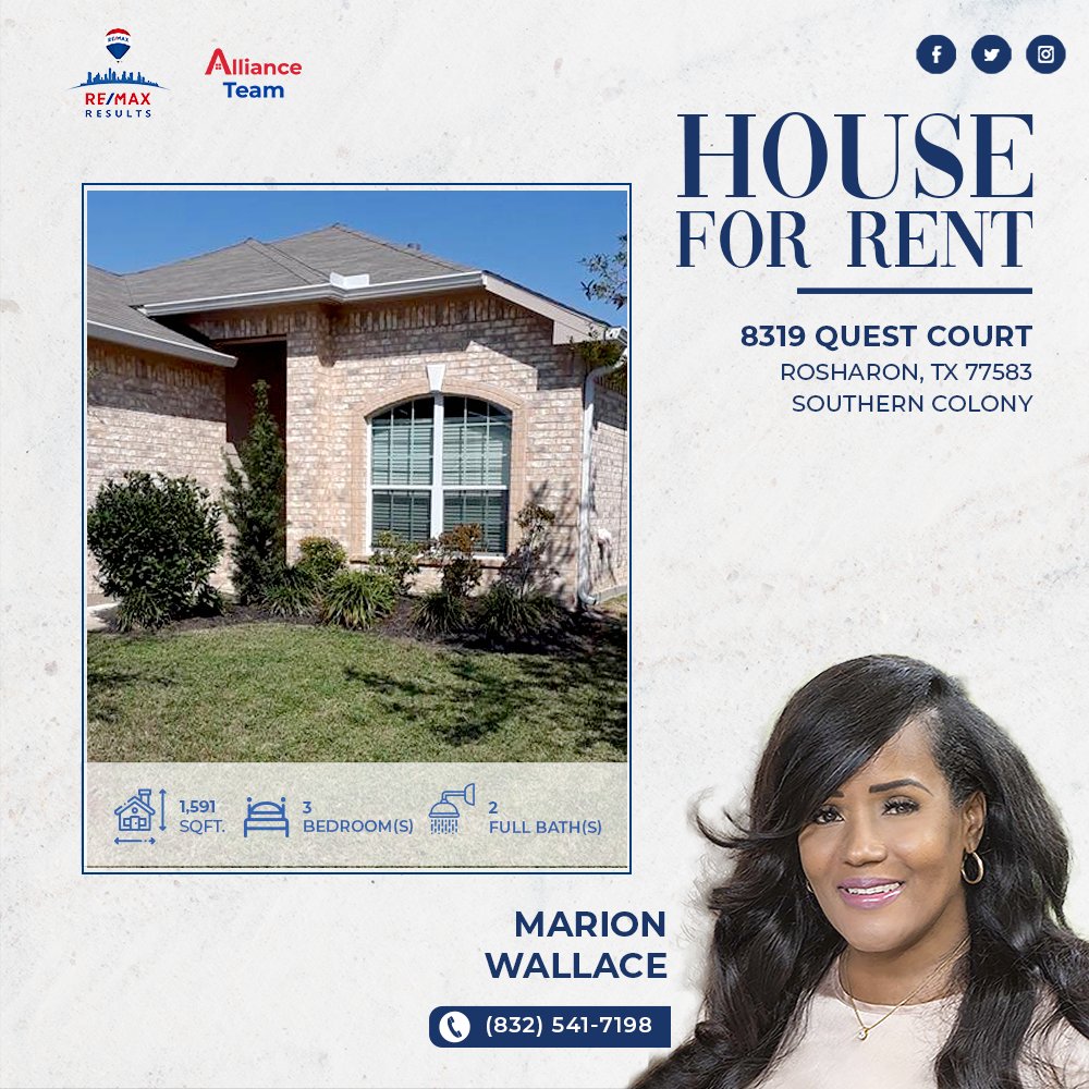 max_alliance's tweet photo. 📢 𝐇𝐎𝐔𝐒𝐄 𝐅𝐎𝐑 𝐑𝐄𝐍𝐓

📍 8319 Quest Court, Rosharon, TX 77583

👀 https://t.co/OOTCAwW8Ff 🏠 

𝐌𝐚𝐫𝐢𝐨𝐧 𝐌𝐲𝐞𝐫𝐬
(832) 541-7198
marionwallacereflectionhomes@gmail.com

#AllianceTeam #REMAXResults #REMAXResultHouston #RemaxHustle #REMAXAgent #RealEstate #ForRent https://t.co/MTPQ7YQD4g