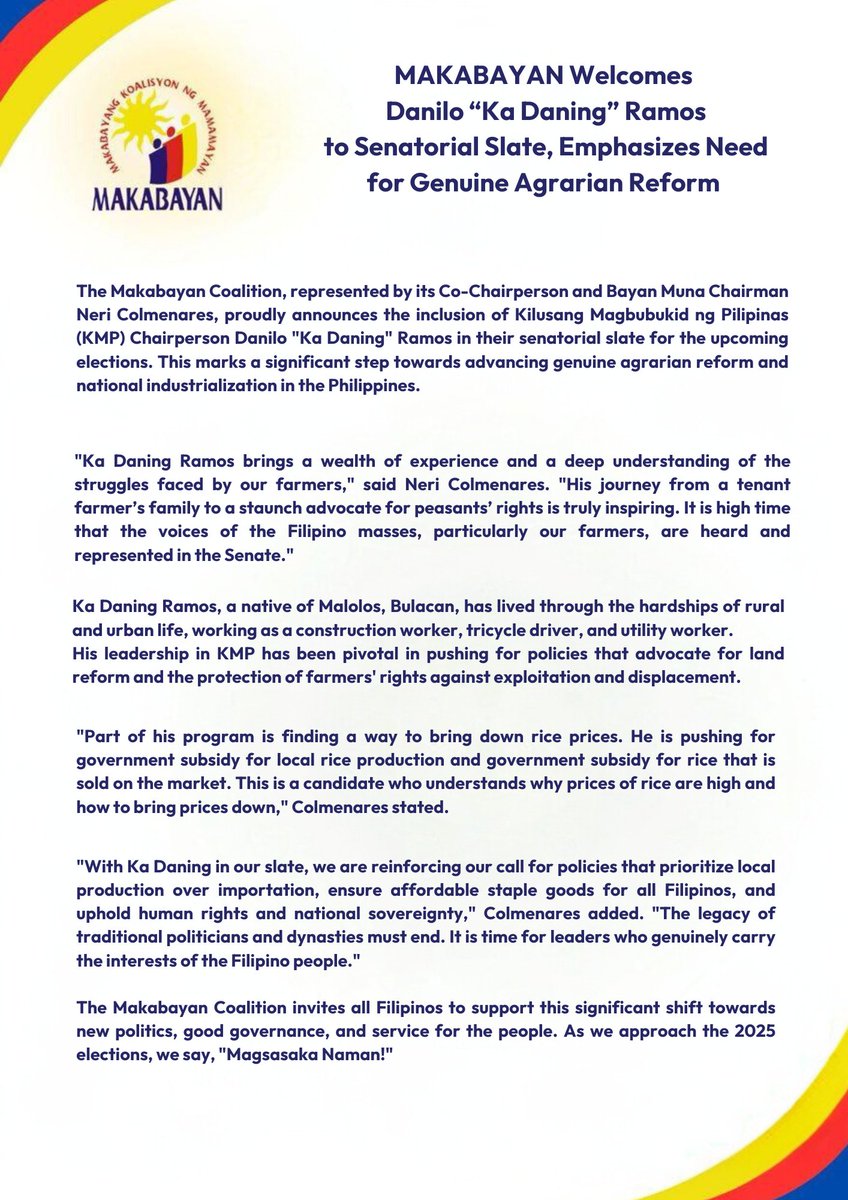 PRESS RELEASE | Neri Colmenares, MAKABAYAN 
Co-chairperson &amp; <a href="/BayanMuna/">BAYAN MUNA Partylist</a> Chairman 

We, in MAKABAYAN officially announce the inclusion of long-time farmer-leader of Kilusang Magbubukid ng Pilipinas,  Danilo "Ka Daning" Ramos in our 2025 senatorial slate.  (1/4)