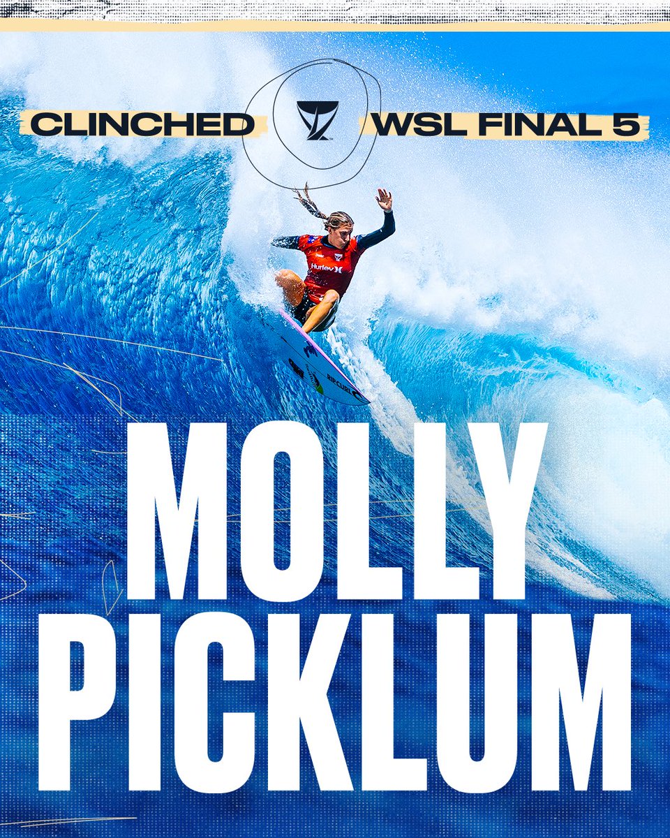 wsl's tweet photo. IT’S OFFICIAL. #MollyPicklum has clinched her spot in the #WSLFinal5.
See you at Trestles!
@Lexus https://t.co/nOR29XMIAI