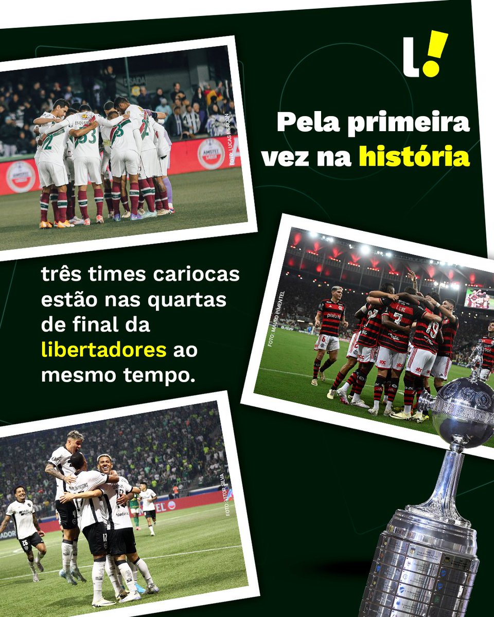 lancenet's tweet photo. VIROU CARIOCÃO? 😂

De forma inédita, TRÊS clubes cariocas marcam presença nas quartas de final de uma edição da Libertadores! Os últimos dois campeões são do "ERREJOTA"! Será que em 2024 vai ser diferente? ⚽🏆🤙

#FutebolBrasileiro #Botafogo #Flamengo #Fluminense #Libertadores https://t.co/4WCh7JVF8M