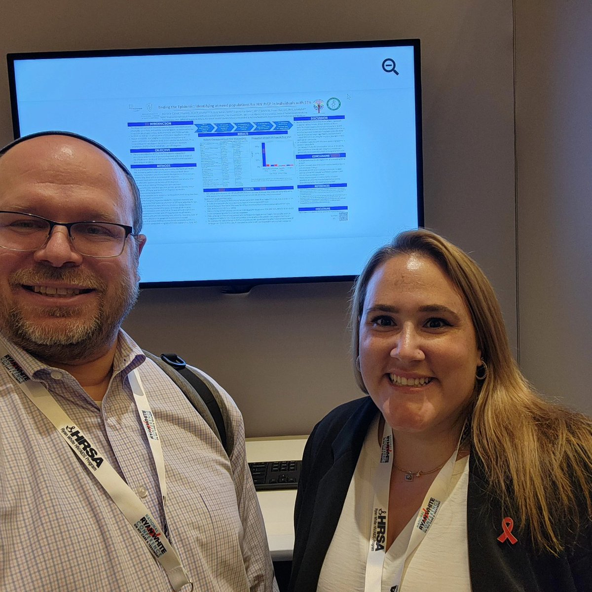 dwrosenthal's tweet photo. D Cabral, PharmD &amp;  @dwrosenthal sharing Hiv PrEP data at @hrsagov National Ryan White conference #NRWC24 Outcomes research. Improved public health strategies. #hiv #PrEP #HIVprevention #outcomesresearch #implementationscience @northwellhealth @zuckersom @HealthNYGov https://t.co/tr6KdeGjA9