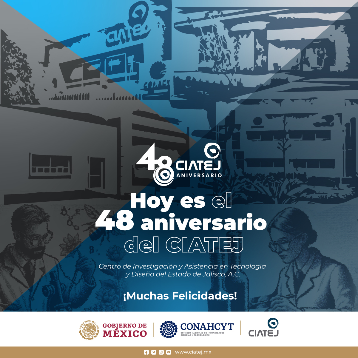 CIATEJ's tweet photo. ¡Hoy #CIATEJ celebra 48 años trabajando en beneficio del pueblo de México! 🎉
👩‍🔬🙌👨‍🔬

Desde nuestra fundación, hemos trabajado para consolidarnos como un pilar en la investigación e innovación para los sectores agroalimentario, salud y medio ambiente. 🌱💉 ♻. 

#CIATEJ48Años https://t.co/d5cGOxFtnH