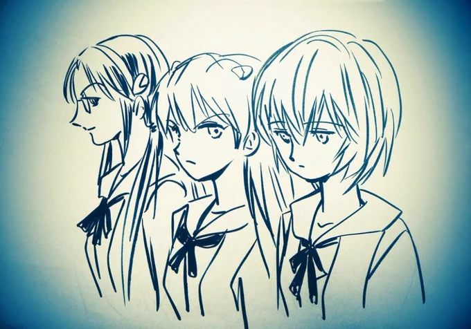 確かコレはそういや3人目は、あの制服着なかったんだなと気づき描いた。  クラスにいたら浮きまくりだったかも…