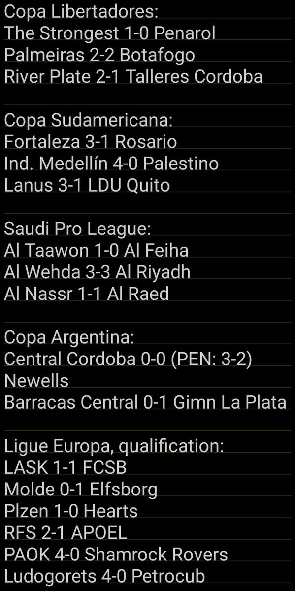 TrisInfoFoot's tweet photo. Les résultats foot d'hier, Jeudi 22 août: #CopaSudamericana #SaudiProLeague #CopaArgentina #EuropaLigue #ConferenceLeague #RCLPANA #CFC #FiorentinaPuskas https://t.co/lcvzeADxnq