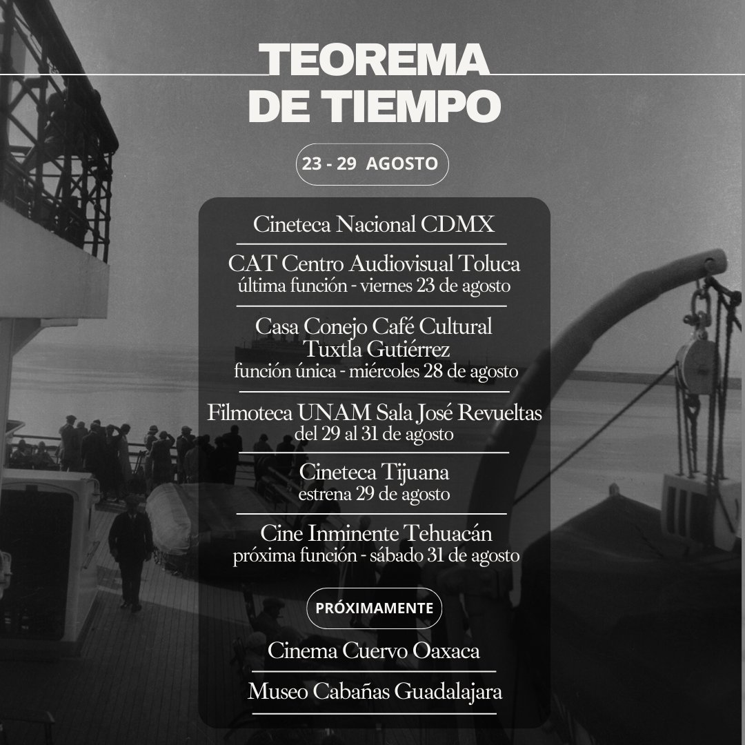 Benuca Films (@benucafilms) on Twitter photo Ganadora del #Ariel a Mejor Largometraje Documental, #TeoremaDeTiempo de <a href="/AndresKaiser_/">Andrés Kaiser</a> continúa en cines selectos.
Del 23 al 29 de agosto podrás verla en sedes de CDMX, última función en Toluca, función única en Tuxtla Gutiérrez, estreno en Tijuana y nueva función en Tehuacán. Ganadora del #Ariel a Mejor Largometraje Documental, #TeoremaDeTiempo de <a href="/AndresKaiser_/">Andrés Kaiser</a> continúa en cines selectos.
Del 23 al 29 de agosto podrás verla en sedes de CDMX, última función en Toluca, función única en Tuxtla Gutiérrez, estreno en Tijuana y nueva función en Tehuacán.