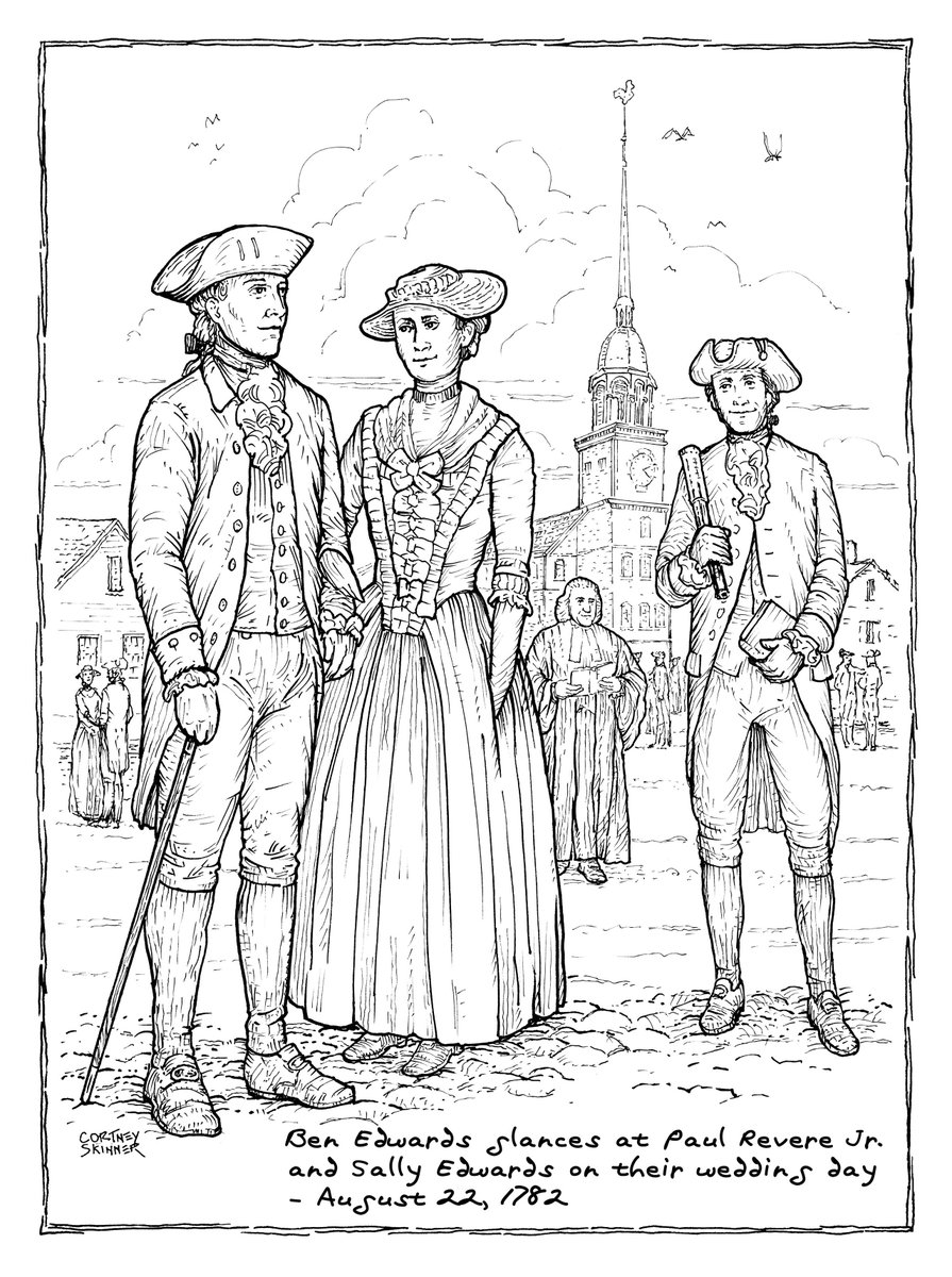 Happy 242nd Anniversary! My ancestor Sally Edwards (1761-1808) married silversmith Paul Revere Jr. (1760-1813), firstborn son of Paul Revere, at the New Brick (Second) Church in the North End of Boston #OTD August 22, 1782. Illustration by <a href="/CortSkinner/">Cortney Skinner</a>. <a href="/PaulRevereHouse/">Paul Revere House</a>