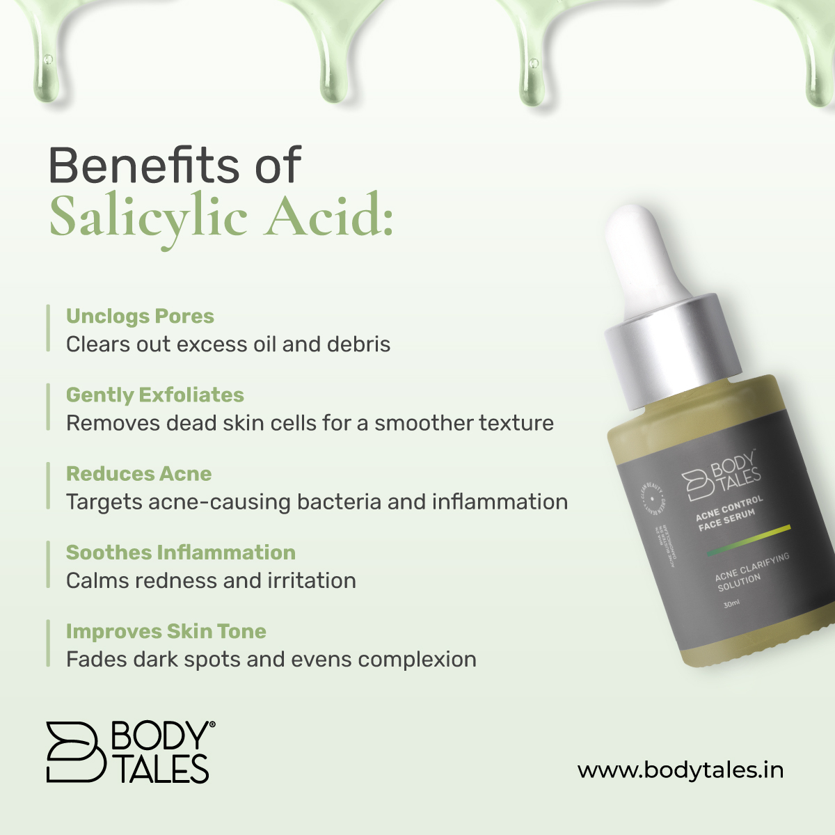 Bodytales1's tweet image. Discover the magic of Salicylic Acid! From unclogging pores to reducing acne and soothing inflammation, it’s your all-in-one solution for clearer, smoother, and more even skin. Ready to glow? Buy now.

#acne #acnecontrol #faceserum #salicylicacid #salicylicacidserum #bodytales