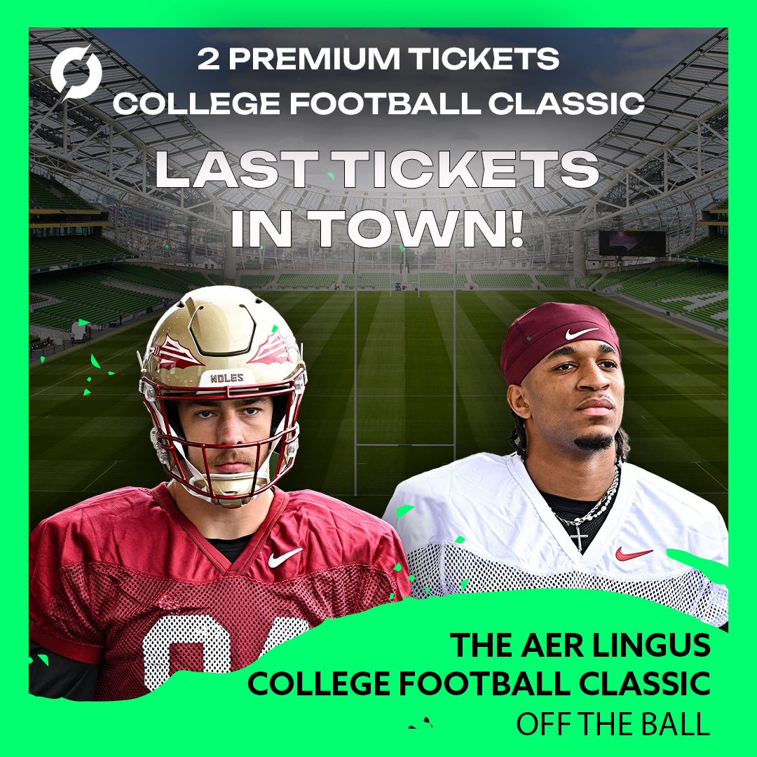 offtheball's tweet image. 🚨 TWO PREMIUM SEATS AT THE AER LINGUS COLLEGE FOOTBALL CLASSIC! 

Miss out on tickets to the College Football Classic in the Aviva? Not to worry, we've got the last pair up for grabs! 🎟️

All you have to do is retweet this post by 4pm today, and you're in the draw.

@cfbireland