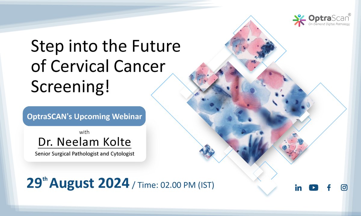OptraSCAN's tweet photo. Transforming #CervicalCancerScreening with #AI
#Future is here &amp; it’s transforming way we approach early detection &amp; #patientcare

Join #webinar with Dr. Neelam Kolte on AI in Cervical Cancer Screening
Date:29 August 2024
Time:02:00PM(IST)

Register Now! https://t.co/WOTAk4kdpM https://t.co/KMktlryPy0