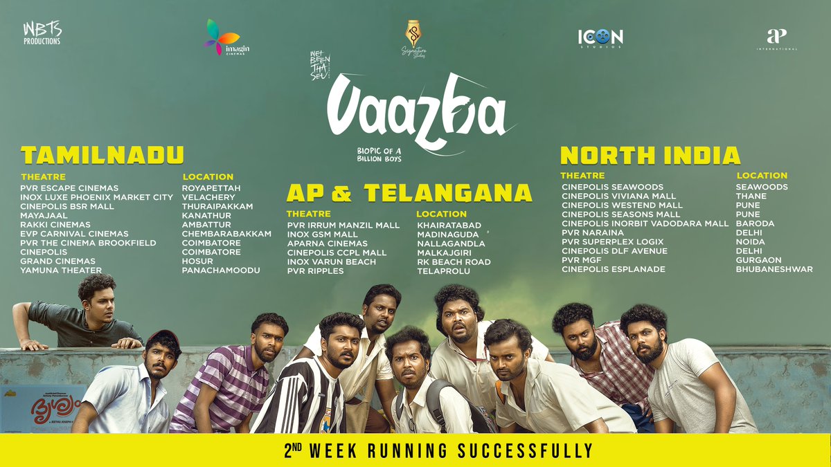 APIfilms's tweet photo. The fruitful journey of #Vaazha continues to win hearts and is running successfully in theatres! Here is the second week theatre list 💥🎬
#VipinDas #ImaginStudios #IconStudios #SijuSunny #JoemonJyothir #AmithMohan #SaafBoi #AnurajOB #Vaazha #VaazhaMovie https://t.co/oO7BGnLnm5