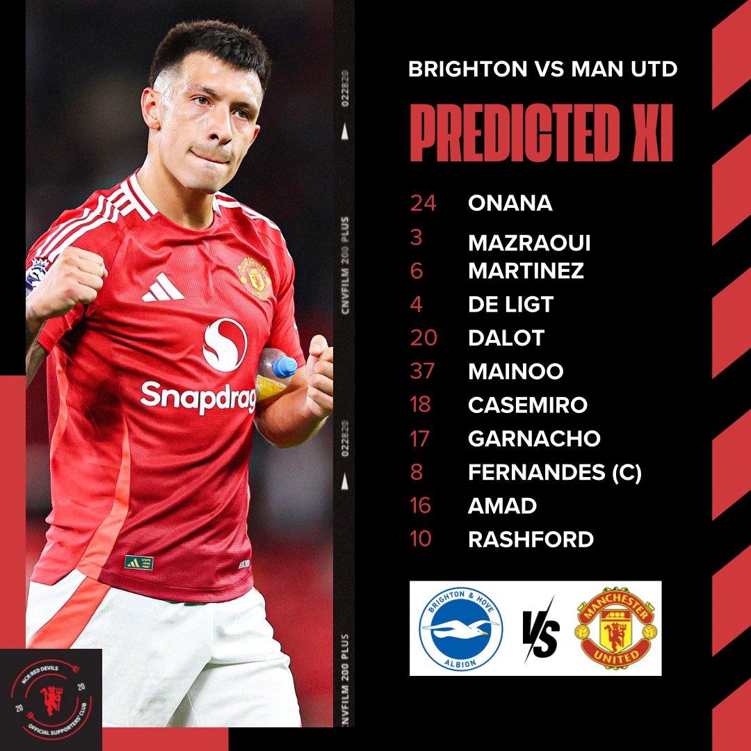 muscrdncr's tweet photo. Here’s our Predicted Lineup for Brighton vs Manchester United in the Premier League!
Would you make any changes?
.
.
.
Follow @muscrdncr for everything Man United! 🔴
.
.
.
#mufc #predictedlineup #brightonvsmanunited https://t.co/35k7DIF8EA