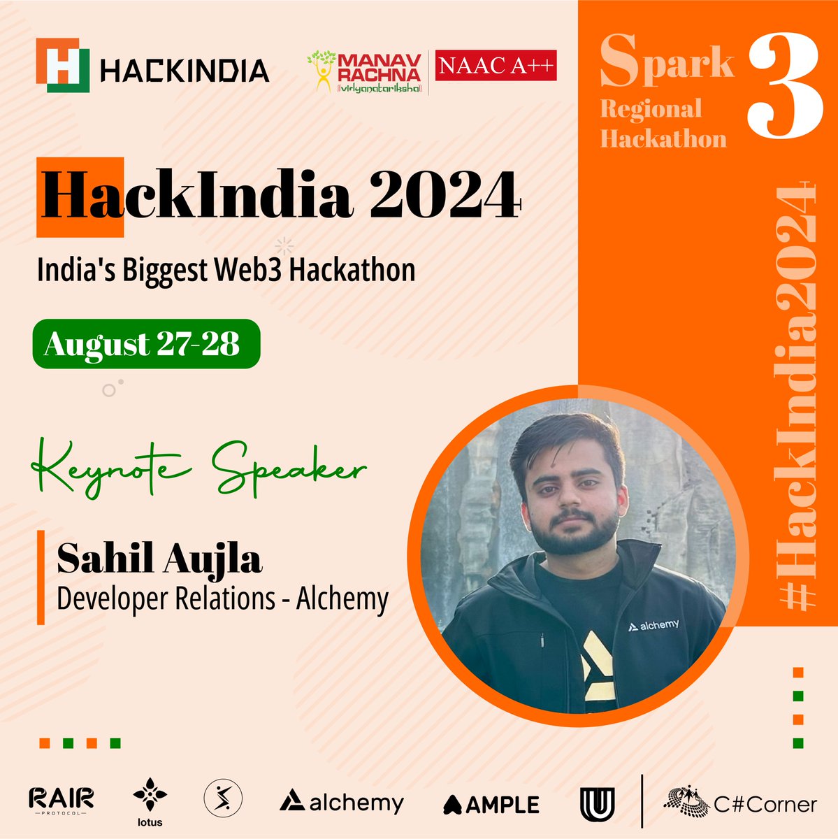 Exciting news! We’re honored to have <a href="/SahilAujla15/">Sahil</a> from @AlchemyPlatform as the keynote speaker for Spark 3 of #HackIndia2024 at <a href="/manav_rachna/">Manav Rachna</a>.

Know more &amp; register now: hackindia.xyz

#Hackathon #Web3Hackathon #HackIndia #Web3Innovation #Web3 #Web3Community