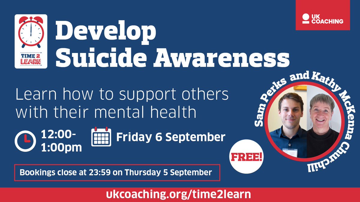 _UKCoaching's tweet photo. On our next Time2Learn webinar, you can learn about the role that coaches can play in suicide prevention 🤝 

Join us to consider this important topic, and gain the knowledge you need to provide great support to everyone you coach 👇 

https://t.co/OedbRtwzUp https://t.co/5BF1Ojh4hO