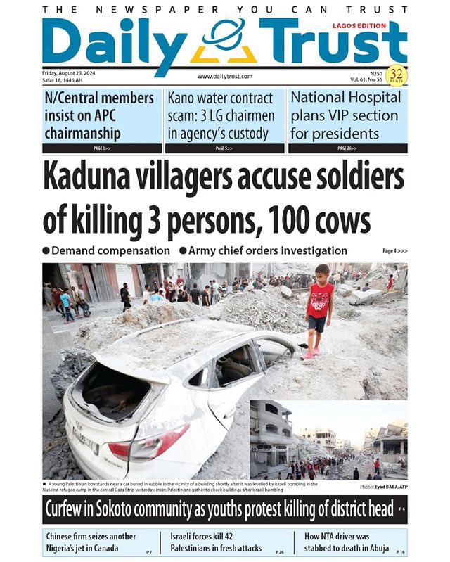 ScooperNG's tweet photo. See Newspaper headlines for today, August 23, 2024.

#Scooperng  #Naira / President Bola Ahmed Tinubu / Blord
#bbnaija2024 #Garime / Aura for Aura / Enisa https://t.co/S209PFwJiM