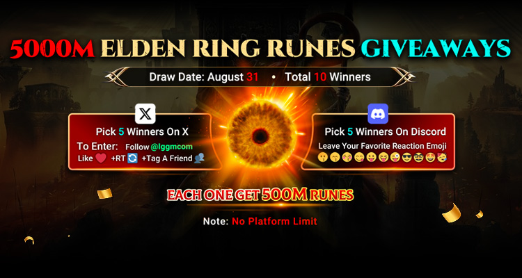 Iggmcom's tweet photo. 😍Elden Ring Runes Big #Giveaway 
🎁5000M Runes for 10 Lucky Winners
🥳Each one get 500M Runes

On X:
Must follow: @Iggmcom
Like❤️+ RT🔁+ Tag your friend(s)👥

On Discord:  
Leave your favorite reaction emoji
https://t.co/sEsoO2nXPu

We will pick 5 winners on X and 5 winners on Discord on August 31, Good luck~
#ELDENRING  #ELDEN_RING   #Giveaways2024