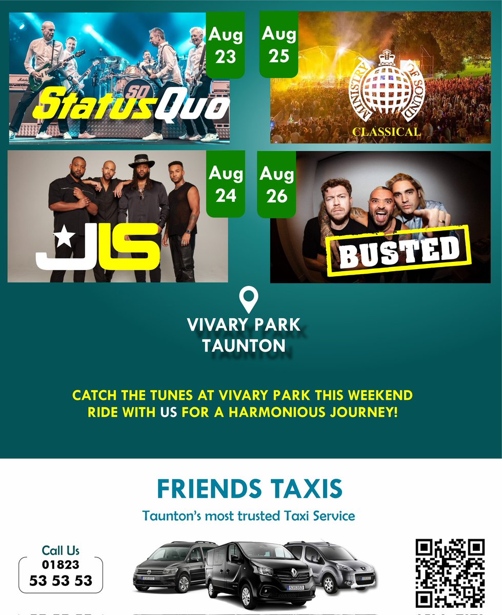 FriendsTaxis's tweet image. Music Festive Weekend

Let's US be your Travel Partner 

From 23 - 26 August at Vivary Park, Taunton 

Friends Taxis - The Taunton Taxi

📞 Phone: 01823 53 53 53

💬 WhatsApp: wa.me/447732775353

🌐 Website: friendstaxis.co.uk

#FriendsTaxis #Taunton #Somerset