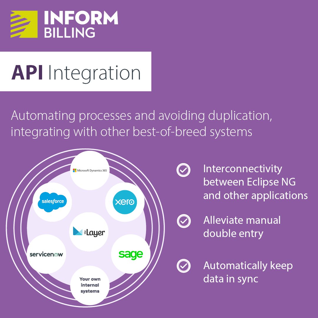 inform_billing's tweet image. Our API integration enables interconnectivity between our Eclipse software & other applications, alleviating manual double entry of data & automatically keeps data in sync.
Contact us to discuss your integration requirements zurl.co/0YGp #APIsupport #BillingIntegration