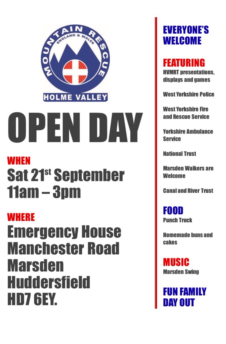 Save the date: <a href="/HVMRT/">Holme Valley MRT</a> <a href="/MountainResqUK/">Mountain Rescue England and Wales</a> <a href="/WestYorksPolice/">West Yorkshire Police</a> <a href="/YorksAmbulance/">Yorkshire Ambulance</a> <a href="/WYFRS/">West Yorkshire Fire and Rescue Service</a> <a href="/nationaltrust/">National Trust</a> <a href="/MarsdenmoorNT/">Marsden Moor</a> <a href="/CanalRiverTrust/">Canal & River Trust</a>