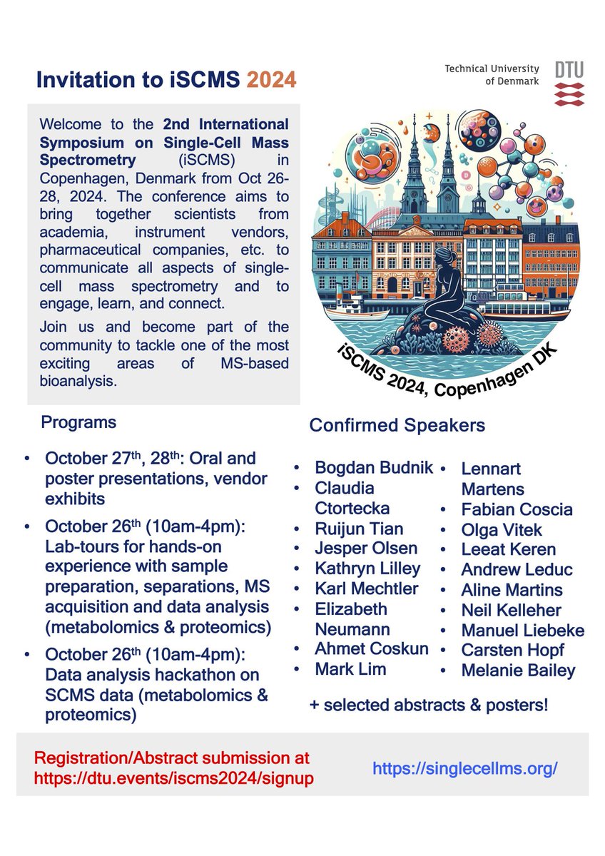 While we eagerly await next week's ESCP in  Vienna, please keep in mind that if you want even more single-cell mass spectrometry in your life, you still have &gt;3 weeks to submit an abstract to iSCMS 2024 in Copenhagen, Denmark. Happening Oct 26-28th, 2024 singlecellms.org