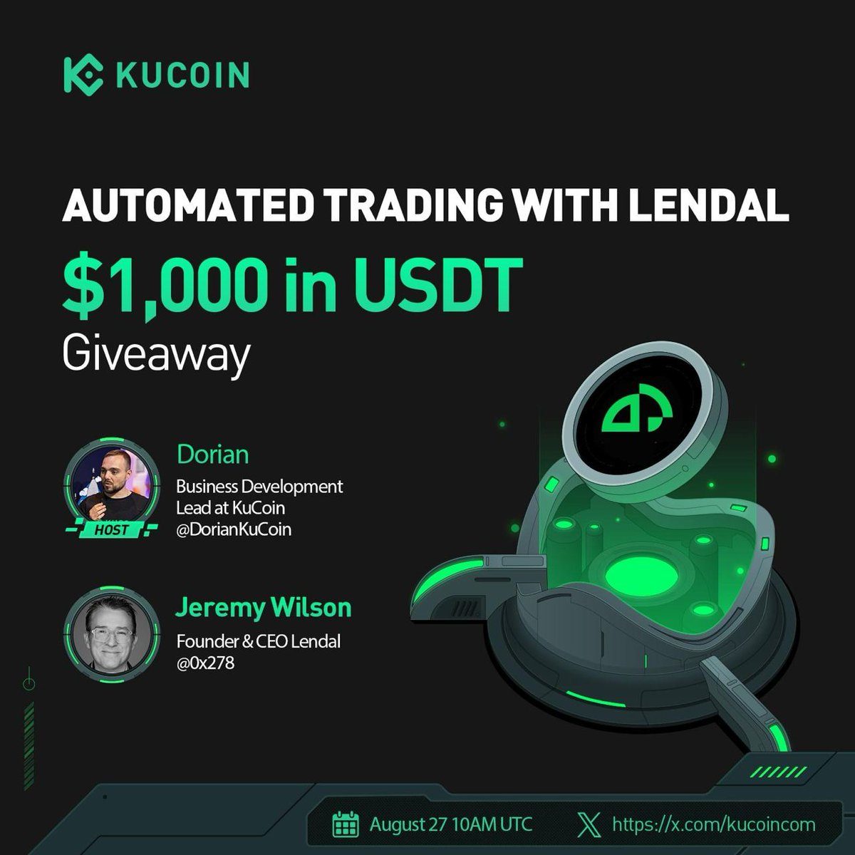 Dorian | KuCoin (@doriankucoin) on Twitter photo 🚀 Next on #KuCoinFiresideChat: Pushing Automated Trading Further with <a href="/LENDALPro/">LΞNDAL Pro Trader</a> !
🎁$1,000 in USDT (10 winners)
1️⃣ Follow <a href="/kucoincom/">KuCoin</a> & <a href="/LENDALPro/">LΞNDAL Pro Trader</a>
2️⃣ ❤️& RT
3️⃣ Fill the form: forms.gle/dbKA4mw4zow3i7…
4️⃣ Join the space and participate in the chat
💯All in one activity to 🚀 Next on #KuCoinFiresideChat: Pushing Automated Trading Further with <a href="/LENDALPro/">LΞNDAL Pro Trader</a> !
🎁$1,000 in USDT (10 winners)
1️⃣ Follow <a href="/kucoincom/">KuCoin</a> & <a href="/LENDALPro/">LΞNDAL Pro Trader</a>
2️⃣ ❤️& RT
3️⃣ Fill the form: forms.gle/dbKA4mw4zow3i7…
4️⃣ Join the space and participate in the chat
💯All in one activity to