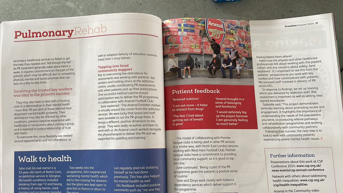Deborah-S Konu (@deborahkonu) on Twitter photo Slightly late in reading this month but, it’s great to see the <a href="/thecsp/">Chartered Society of Physiotherapy (CSP)</a> Frontline magazine showcasing the great work <a href="/WhitHealth/">Whittington Health NHS Trust</a> is doing to improve access to pulmonary rehab & reduce health inequalities. The collaboration with <a href="/Arsenal/">Arsenal</a> for local support is genius 🤩🙌🏽 <a href="/COkunuga/">Chin Okunuga</a> Slightly late in reading this month but, it’s great to see the <a href="/thecsp/">Chartered Society of Physiotherapy (CSP)</a> Frontline magazine showcasing the great work <a href="/WhitHealth/">Whittington Health NHS Trust</a> is doing to improve access to pulmonary rehab & reduce health inequalities. The collaboration with <a href="/Arsenal/">Arsenal</a> for local support is genius 🤩🙌🏽 <a href="/COkunuga/">Chin Okunuga</a>