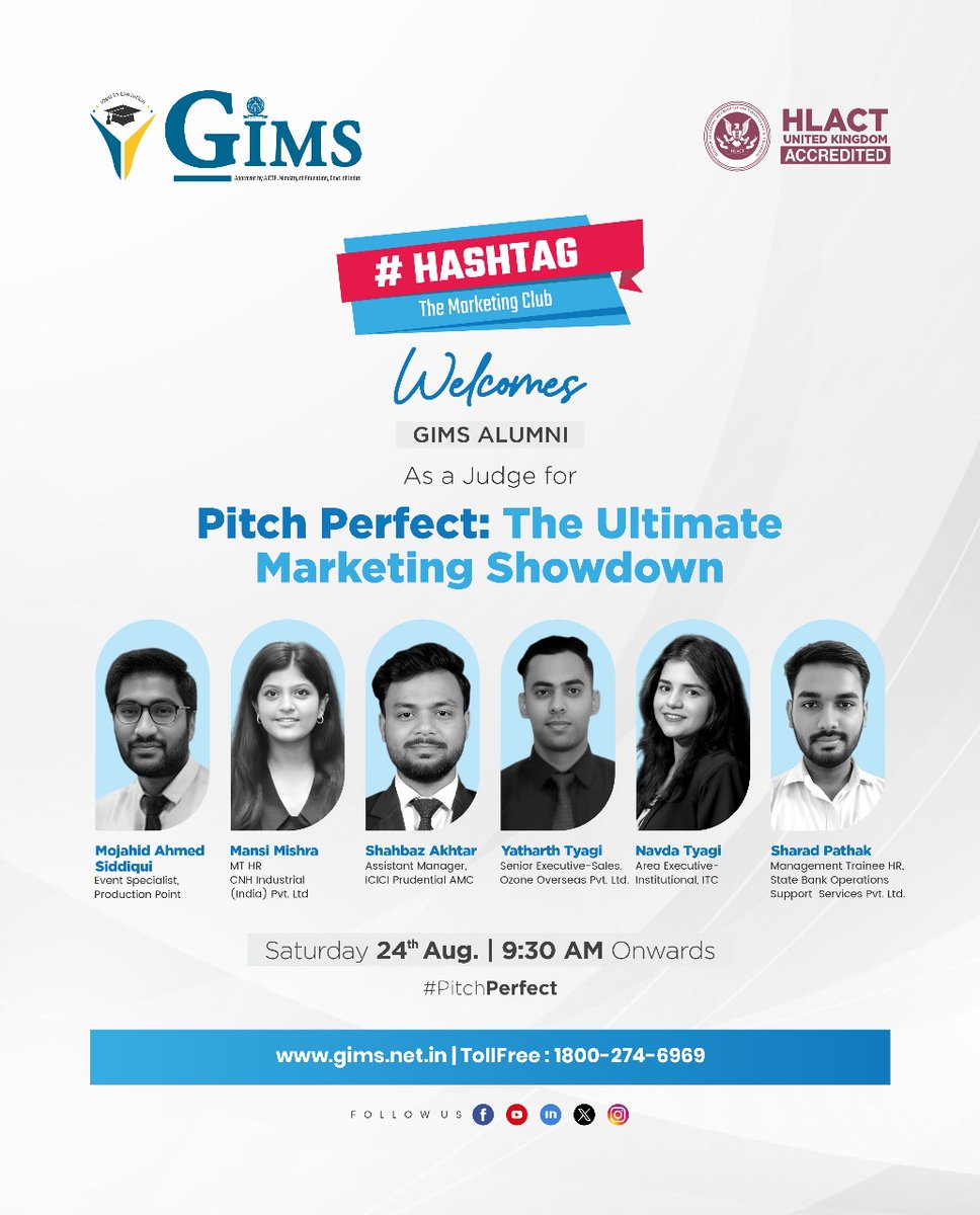 gims_net_in's tweet photo. The Hashtag Marketing Club at GIMS is thrilled to have alumni judge "Pitch Perfect: The Ultimate Marketing Showdown" on August 24th. Students will showcase their marketing skills and gain insights from top alumni.
#GIMS #GreaterNoida #PGDM #DelhiNCR #GIMSians #IdeatoExecution https://t.co/oTfKIGjM95