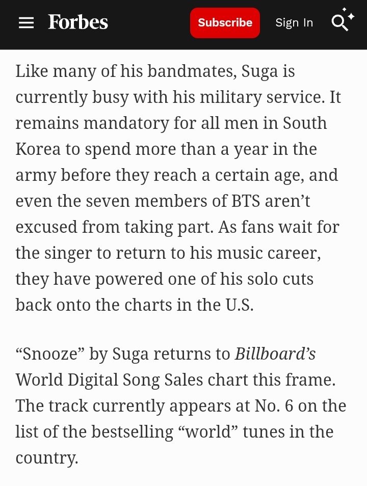rize07addict's tweet photo. [FORBES] "BTS #SUGA Breaks Back Into The Top 10 In America"

"As fans wait for the singer, rapper & producer to return to his music career after finishing his military enlistment, they have powered one of his solo cuts back onto the charts in the U.S"

“Snooze” by #AgustD returns to Billboard’s World Digital Song Sales chart this frame. The track currently appears at No. 6 on the list of the bestselling “world” tunes in the country.

“Snooze” is one of #SUGA’s 24 Top10 Hits on the Billboard World Digital Song Sales Chart!!

#ARMYShieldsBTS
#YoongiNeverWalksAlone
#ARMYStandsWithSuga
#StandWithBTS
https://t.co/0qfMc1pudS