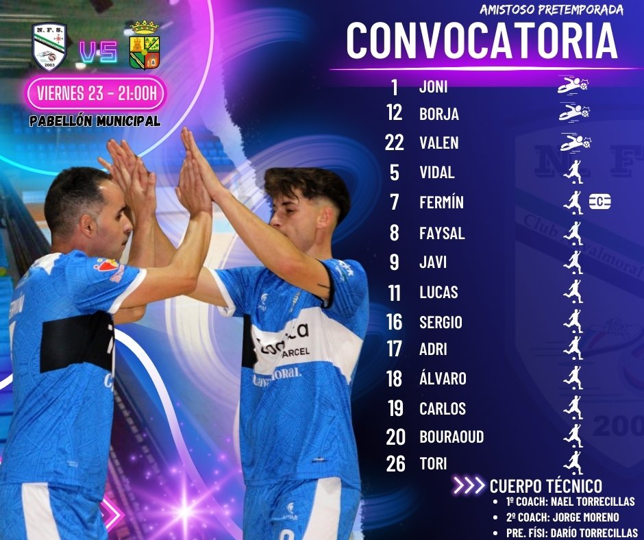 📌 CONVOCATORIA.

Estos son los 14 jugadores convocados para el partido de esta noche a las 21:00 en el pabellón municipal ante el <a href="/calerafs/">AD CALERA FS</a>.

❌️ Carlos Álvarez, Isra e Iker.

#SomosAzules