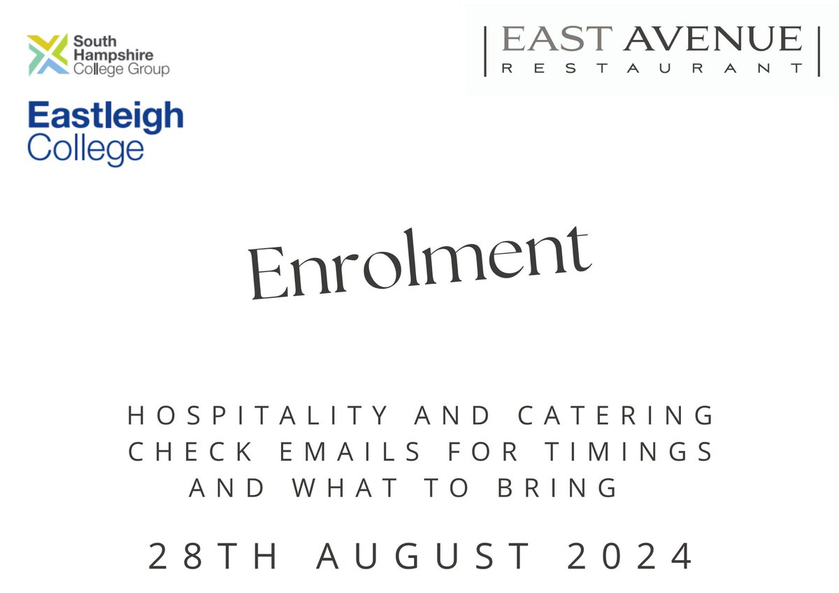 Eastleigh College (@eastavenuerest) on Twitter photo We look forward to welcoming our new and old students for enrolment <a href="/Eastleigh_Col/">Eastleigh College</a> <a href="/SHCollegeGroup/">South Hampshire College Group</a> We look forward to welcoming our new and old students for enrolment <a href="/Eastleigh_Col/">Eastleigh College</a> <a href="/SHCollegeGroup/">South Hampshire College Group</a>