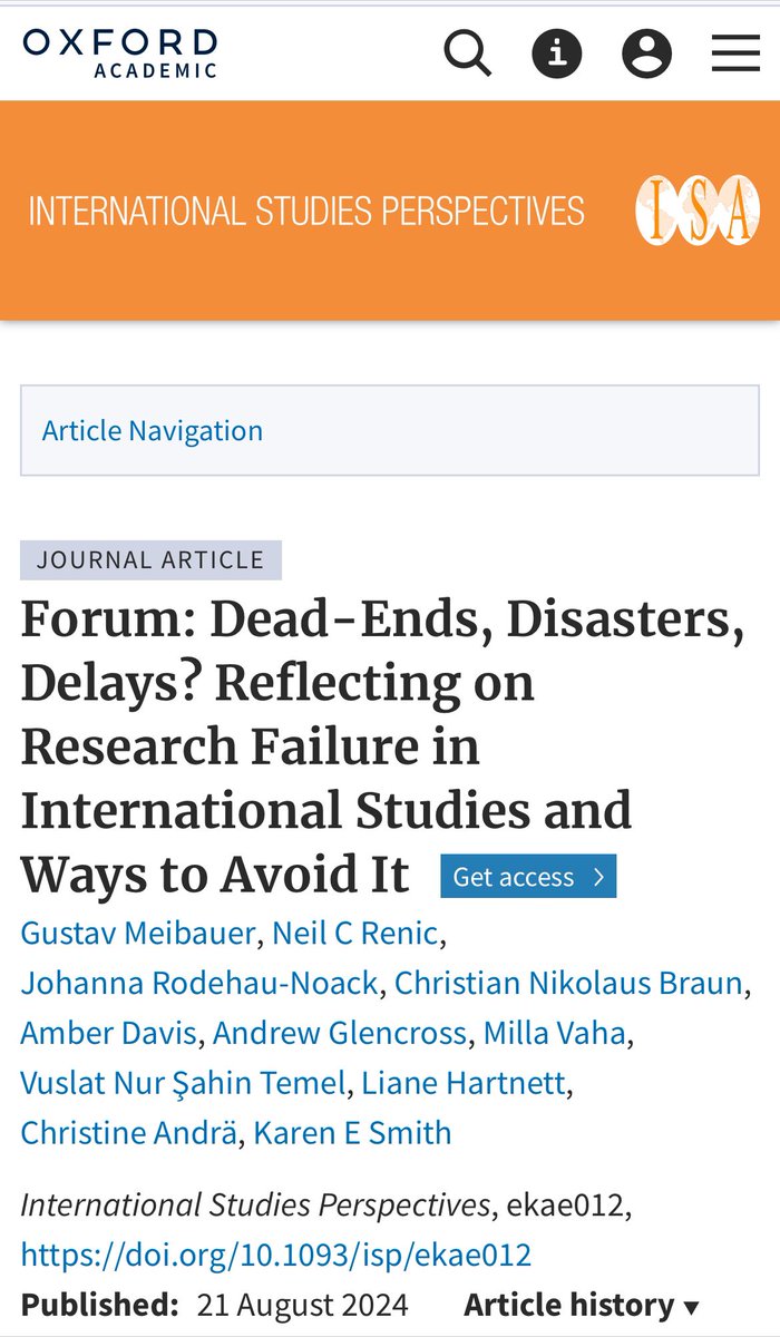 🚨 Thrilled to announce that our forum is out, “Dead-Ends, Disasters, Delays? Reflecting on Research Failure in International Studies and Ways to Avoid It”
This forum was motivated by our shared frustration with how “failure” is treated in academia. 🧵
academic.oup.com/isp/advance-ar…