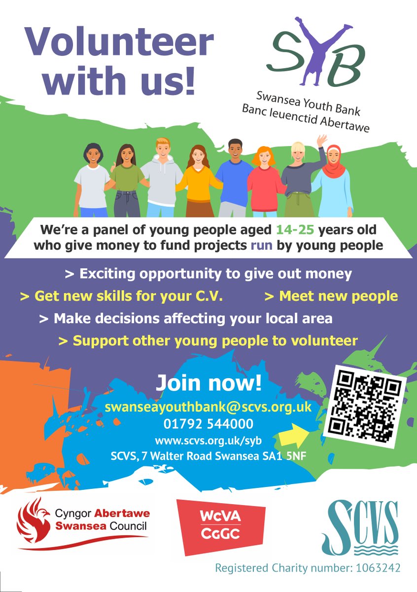 🔊Want to #volunteer to make an impact in the #localcommunity? Join SYB <a href="/SwanseaCVS/">SwanseaCVS 🧡</a> SYB is a #youthled grant giving panel of 14-25years old to provide #grants to young people to develop &amp; run their own community projects in #swansea📧swanseayouthbank@scvs.org.uk 📷01792544000