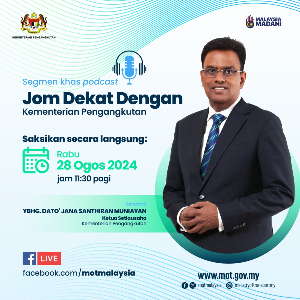 MOTMalaysia's tweet photo. Saksikan wawancara eksklusif bersama KSU MOT, YBhg. Dato' Jana Santhiran Muniayan yang akan berkongsi mengenai peranan, hala tuju dasar serta inisiatif menarik MOT 

Tonton secara langsung :
https://t.co/JVBkSnSUjy

Tarikh : 28 Ogos 2024 (RABU)
Masa : 11:30 pagi

#MalaysiaMADANI https://t.co/lndGgTjt7m