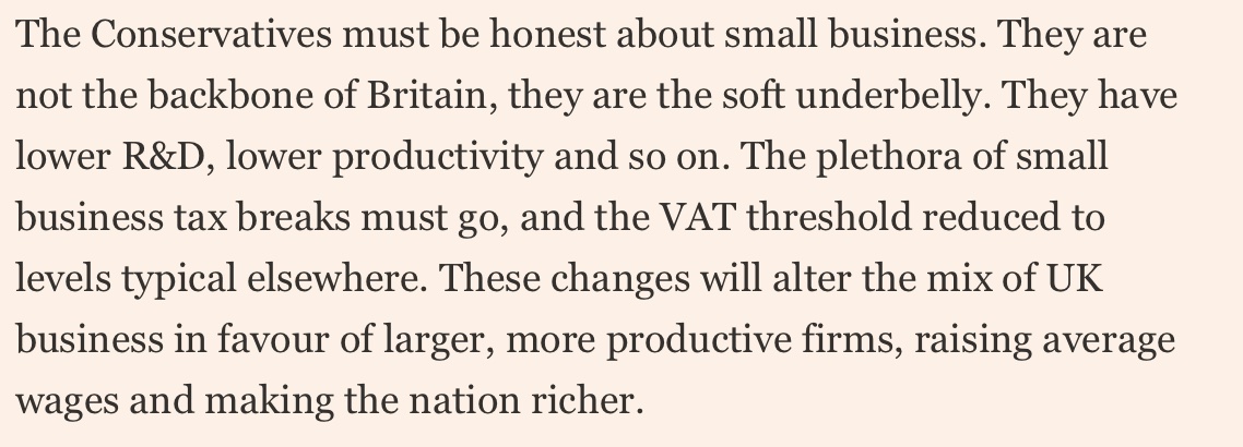 Richard Jones (@richardaljones) on Twitter photo V good <a href="/FT/">Financial Times</a> <a href="/timleunig/">Tim Leunig</a> piece, with hard truths about UK economy & what needs to be done about it, relevant to both parties
This para is striking - small firms are lionised, but it's big firms that drive productivity & R&D, & we don't have enough of them
ft.com/content/72c273… V good <a href="/FT/">Financial Times</a> <a href="/timleunig/">Tim Leunig</a> piece, with hard truths about UK economy & what needs to be done about it, relevant to both parties
This para is striking - small firms are lionised, but it's big firms that drive productivity & R&D, & we don't have enough of them
ft.com/content/72c273…