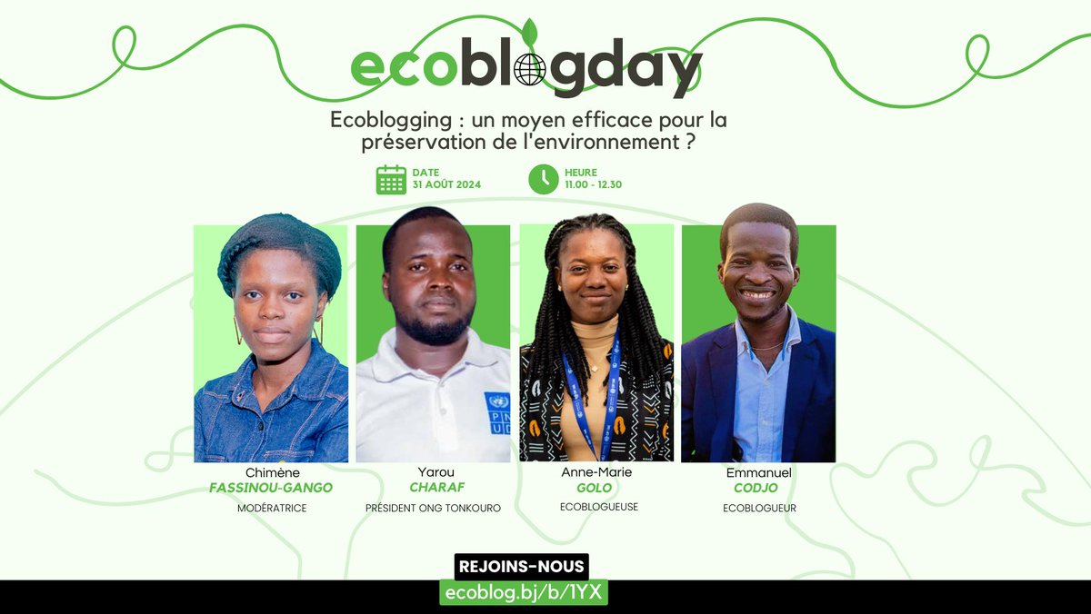 ecobloge's tweet image. 🌐 Un #BlogDay c&apos;est bien, mais un #EcoBlogDay c&apos;est mieux !

À l&apos;occasion de la célébration de la journée mondiale du blog, Ecoblog vous invite à discuter de la place que peut revêtir l&apos;ecoblogging dans la préservation de l&apos;environnement.

Inscription : ecoblog.bj/b/1YX