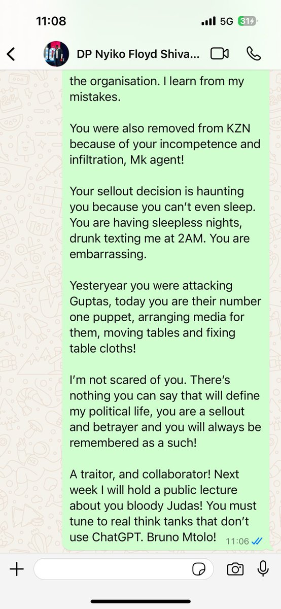 The Betrayer is having sleepless nights. 

Drunk texting us at 2AM. 

It appears the Youth League generation didn’t only produce Lamola as a Bruno Mtolo. Floyd is the Chief Bruno Mtolo. 

Let’s defend our movement fighters. No surrender! No retreat! Close ranks!