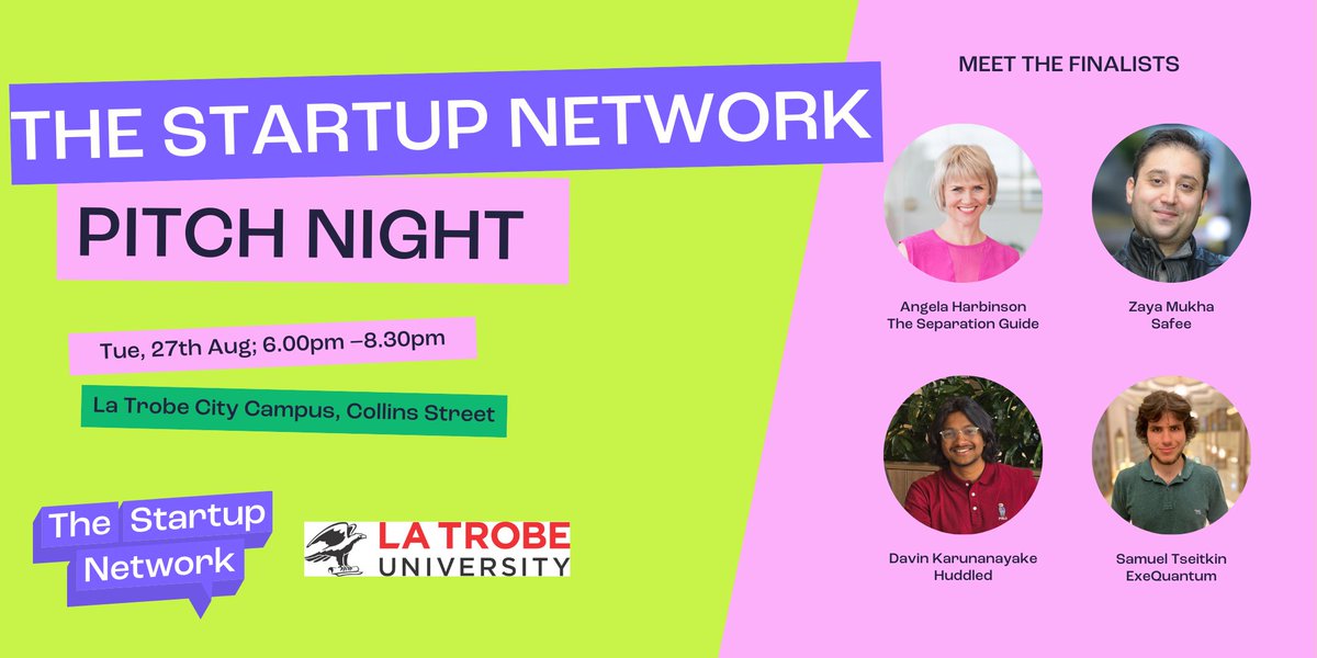 australia_tsn's tweet photo. Please join us for an amazing pitch night! Quantum Security, Divorce Tech, Safe Driving for Truck Drivers, and Slack for Universities! Amazing founders, amazing partner in @latrobe and our amazing community. See you on Tuesday! https://t.co/eAHUM8whvf https://t.co/1RFGVDZgpy
