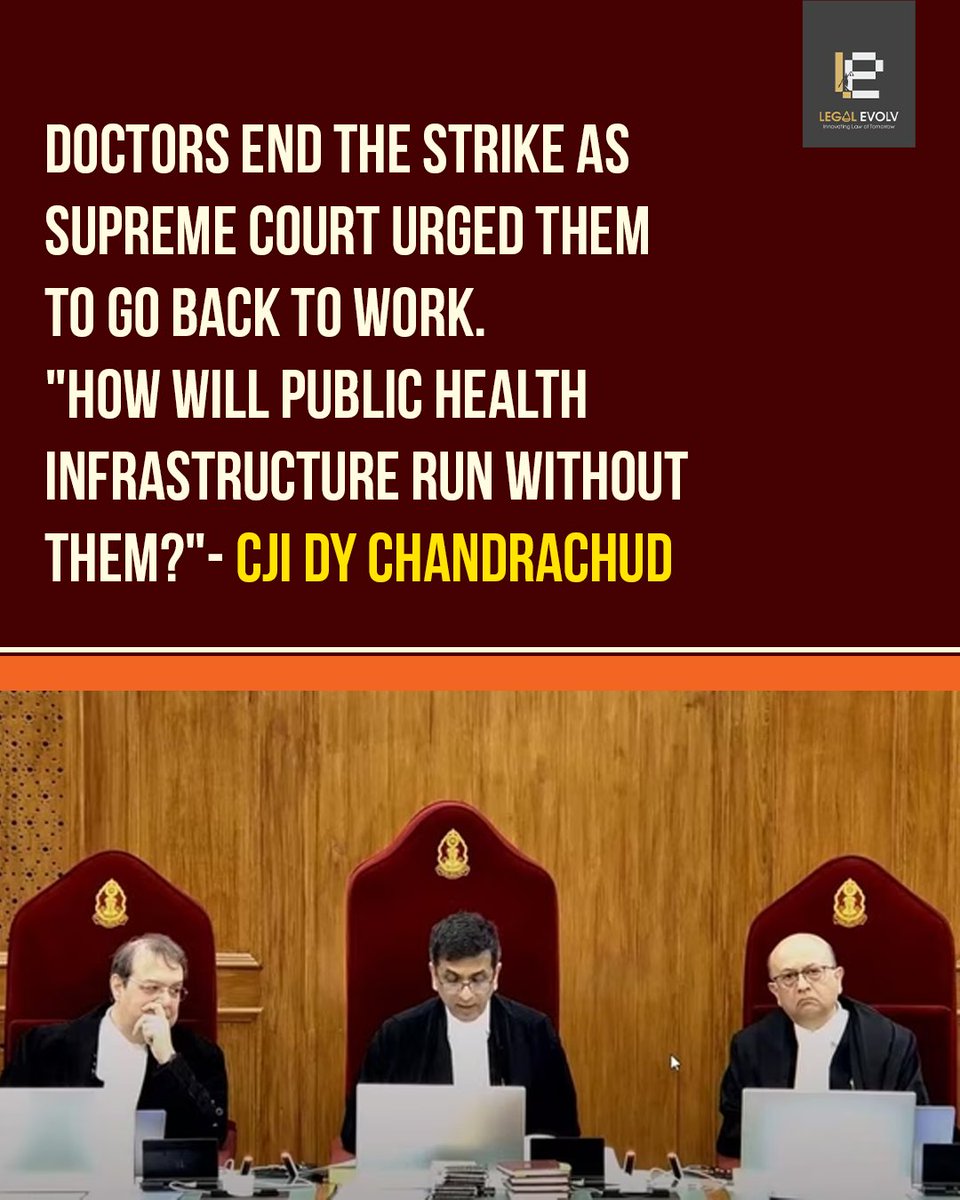 LegalEvolvAI's tweet photo. The apex court urged the doctors to resume work and end the strike as they are needed in hospitals. The SC has tried to broker peace at the same time ensuring proper justice to be delivered.
#KolkataRapeAndMurderCase #DoctorSafety #SupremeCourt #PublicHealthInfrastructure https://t.co/bm09sNGTcH
